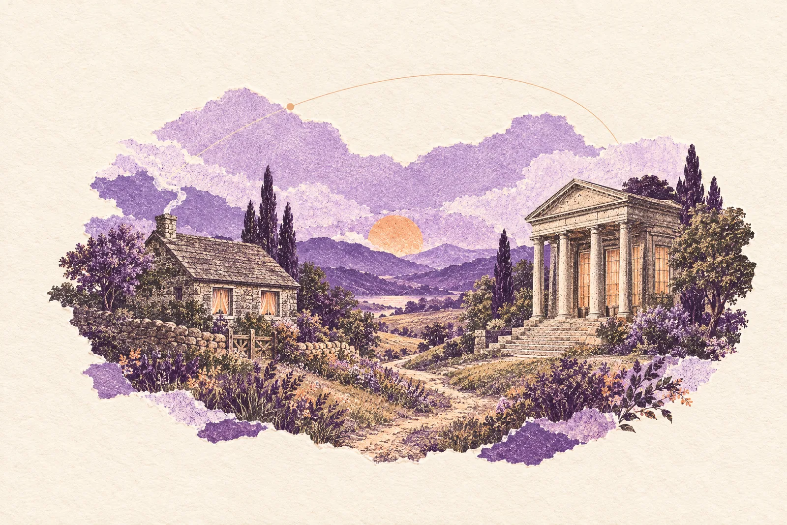 Illustration of a quiet cottage and a lit columned public hall facing each other across a small valley