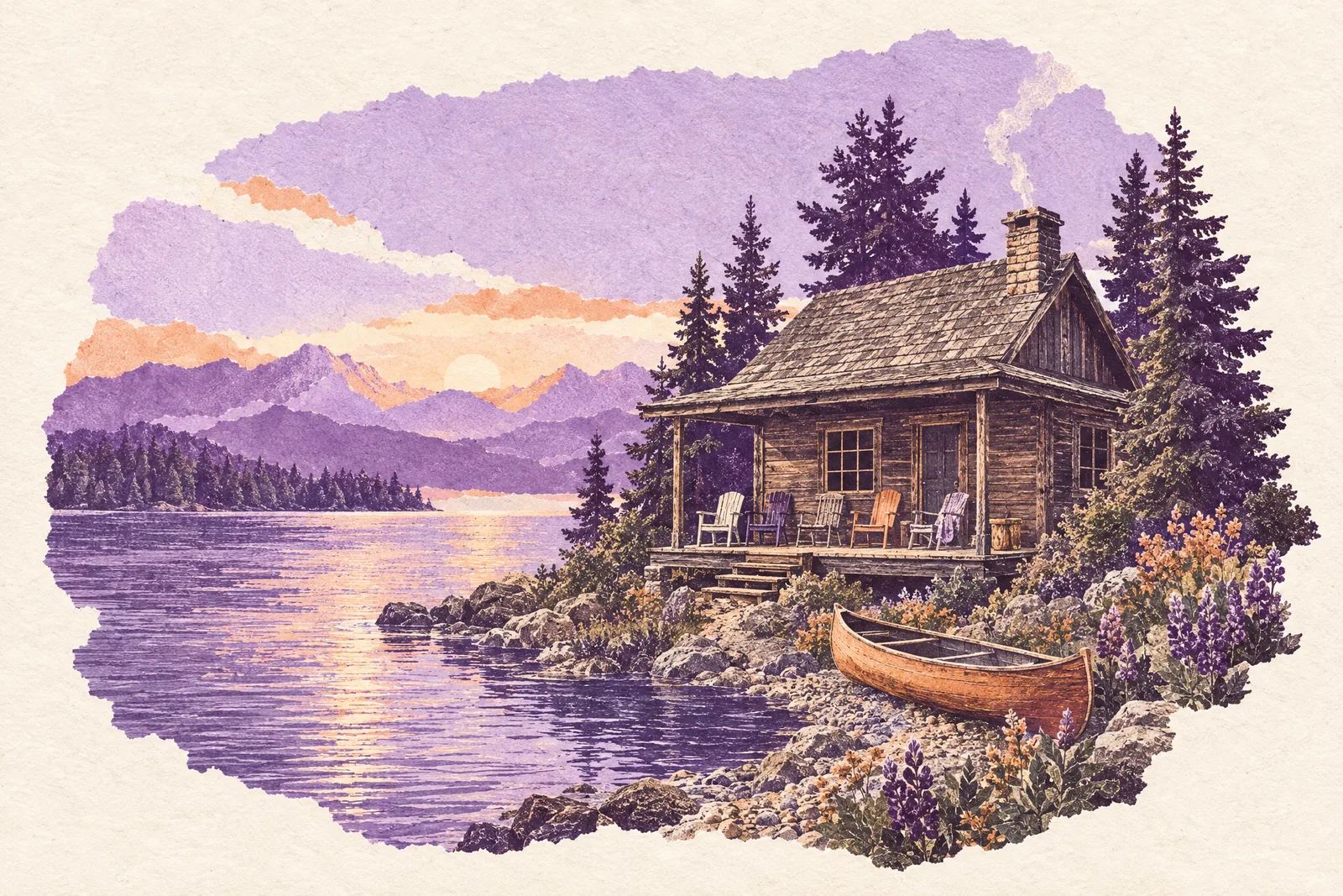 Illustration of a lakeside cabin in morning light with camp chairs on its porch and a canoe on the shore