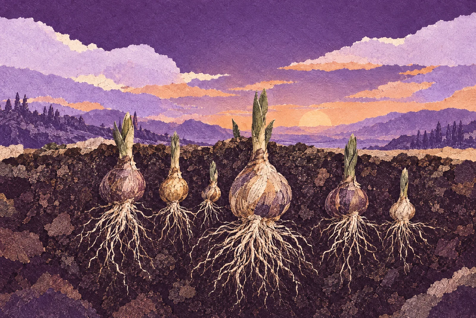 Illustration of a garden bed in cross-section, bulbs rooting in the soil below and green tips just above