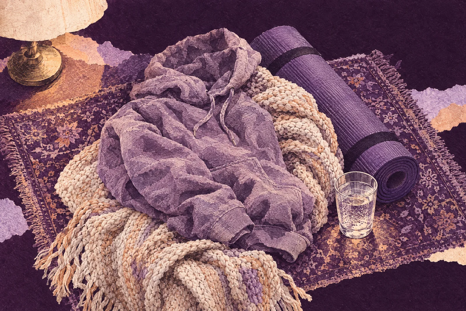 Illustration of a worn hoodie, a heavy knitted blanket and a rolled exercise mat on a rug at night