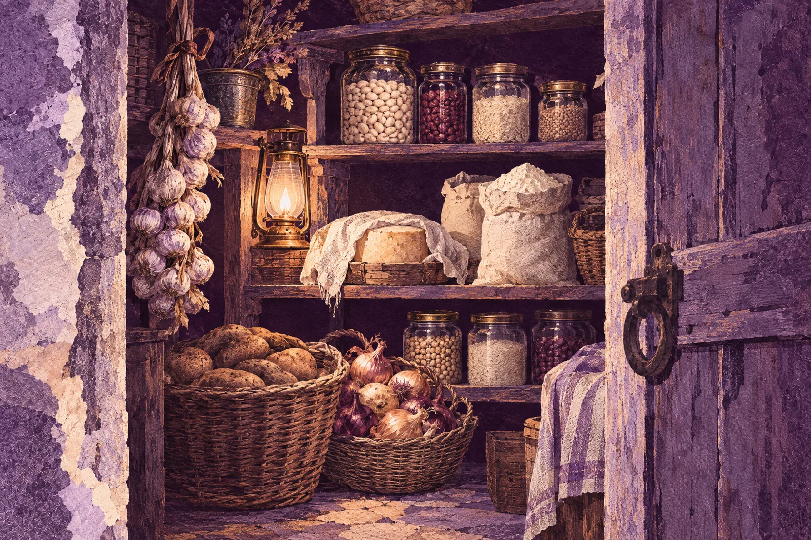 Illustration of a well-stocked larder seen through its open door at night, shelves full of jars, sacks and baskets