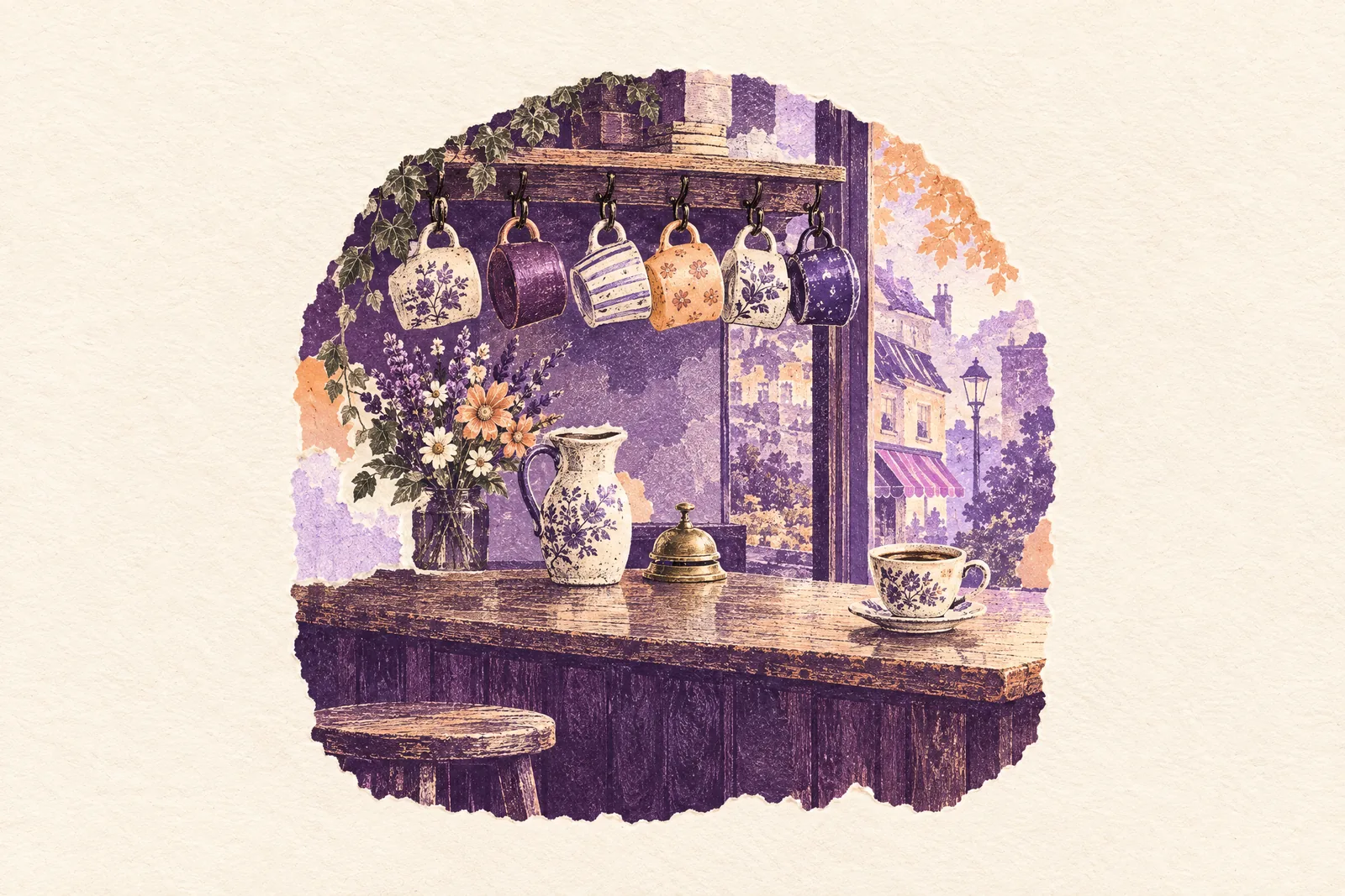Illustration of a café counter with mismatched mugs hanging on hooks and one cup waiting at the end
