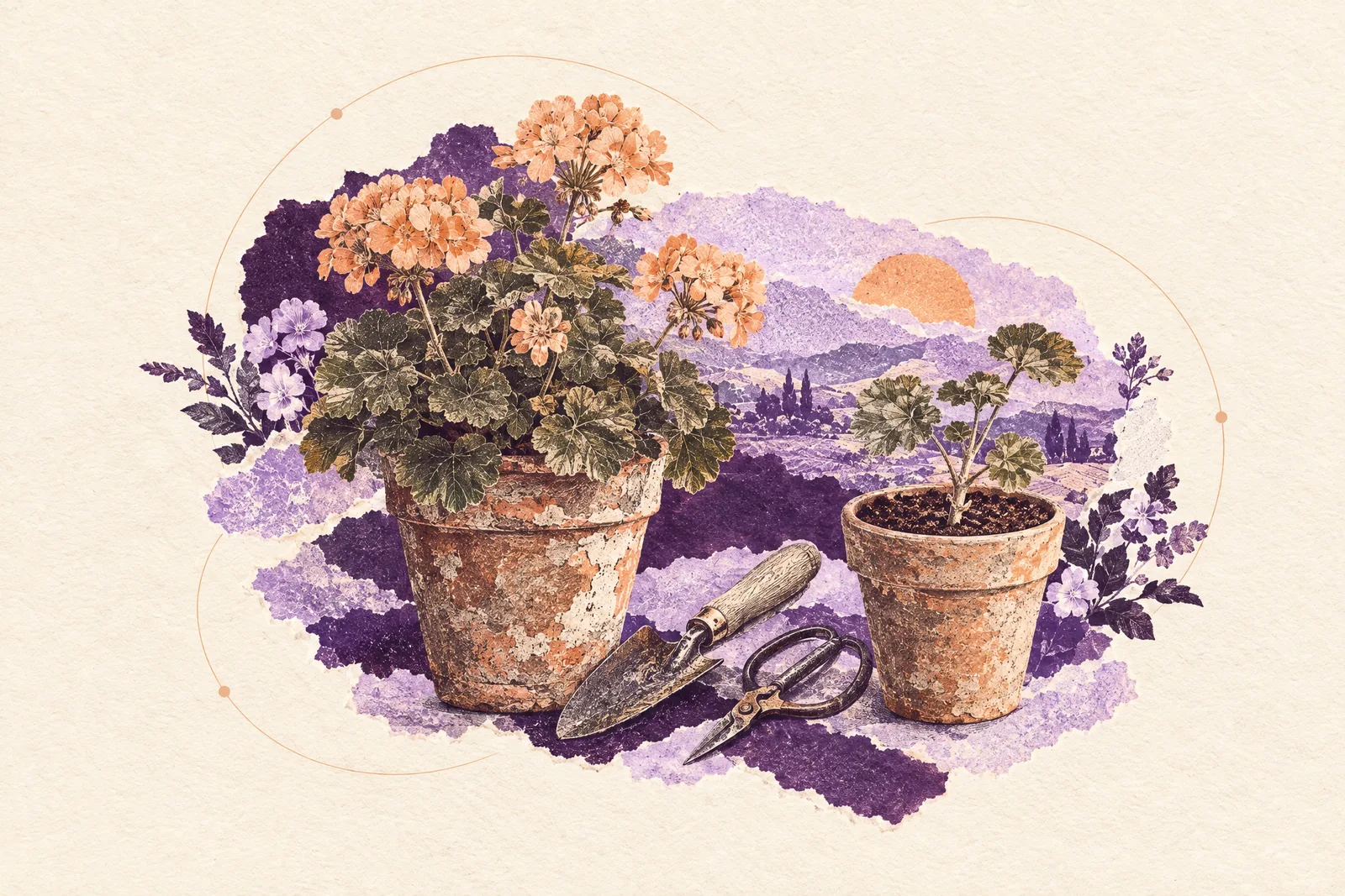 Illustration of an old geranium in a chipped pot beside a young rooted cutting in a new pot