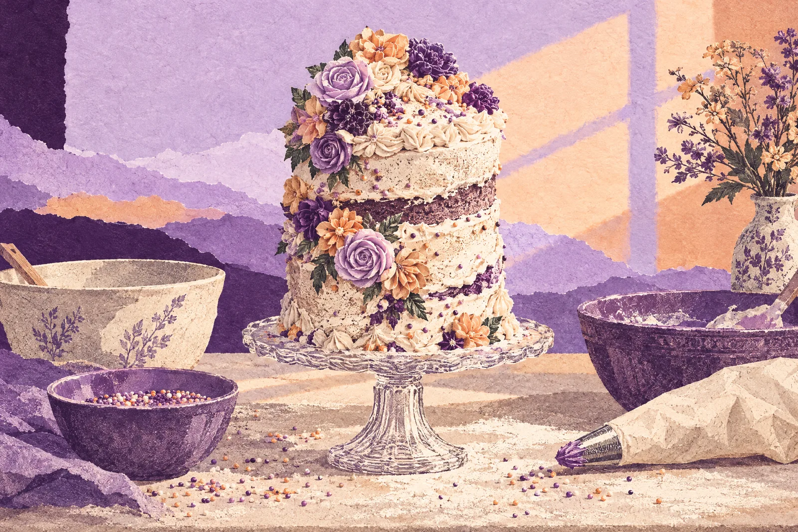 Illustration of a tall lopsided layered cake with frosting flowers on a flour-dusted kitchen counter