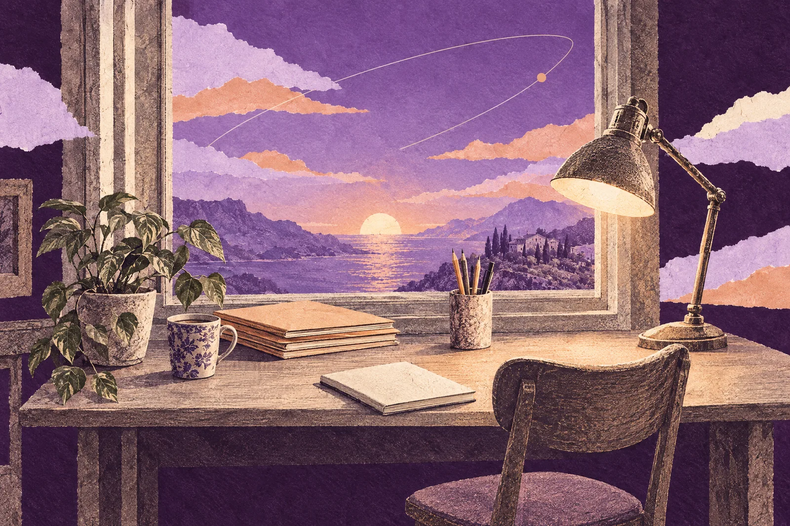 Illustration of a tidy desk by a window at dusk with a lamp, a potted plant, a mug and plain folders