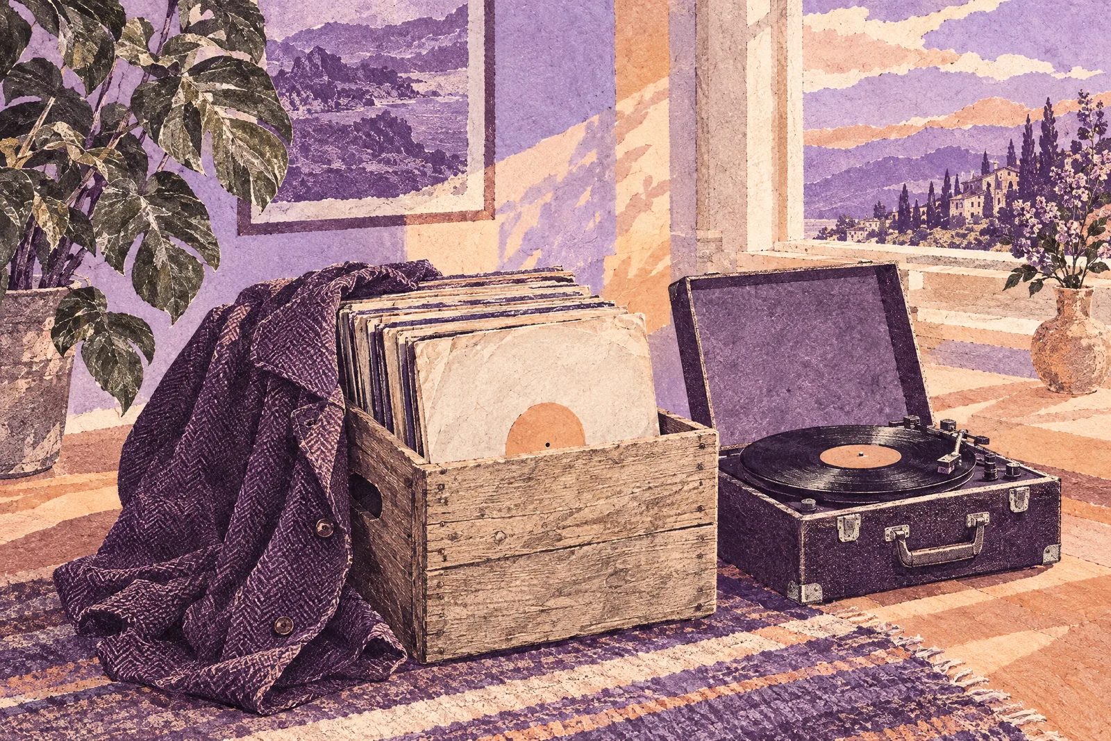 Illustration of a crate of records in plain sleeves beside an old record player on a sunny floor