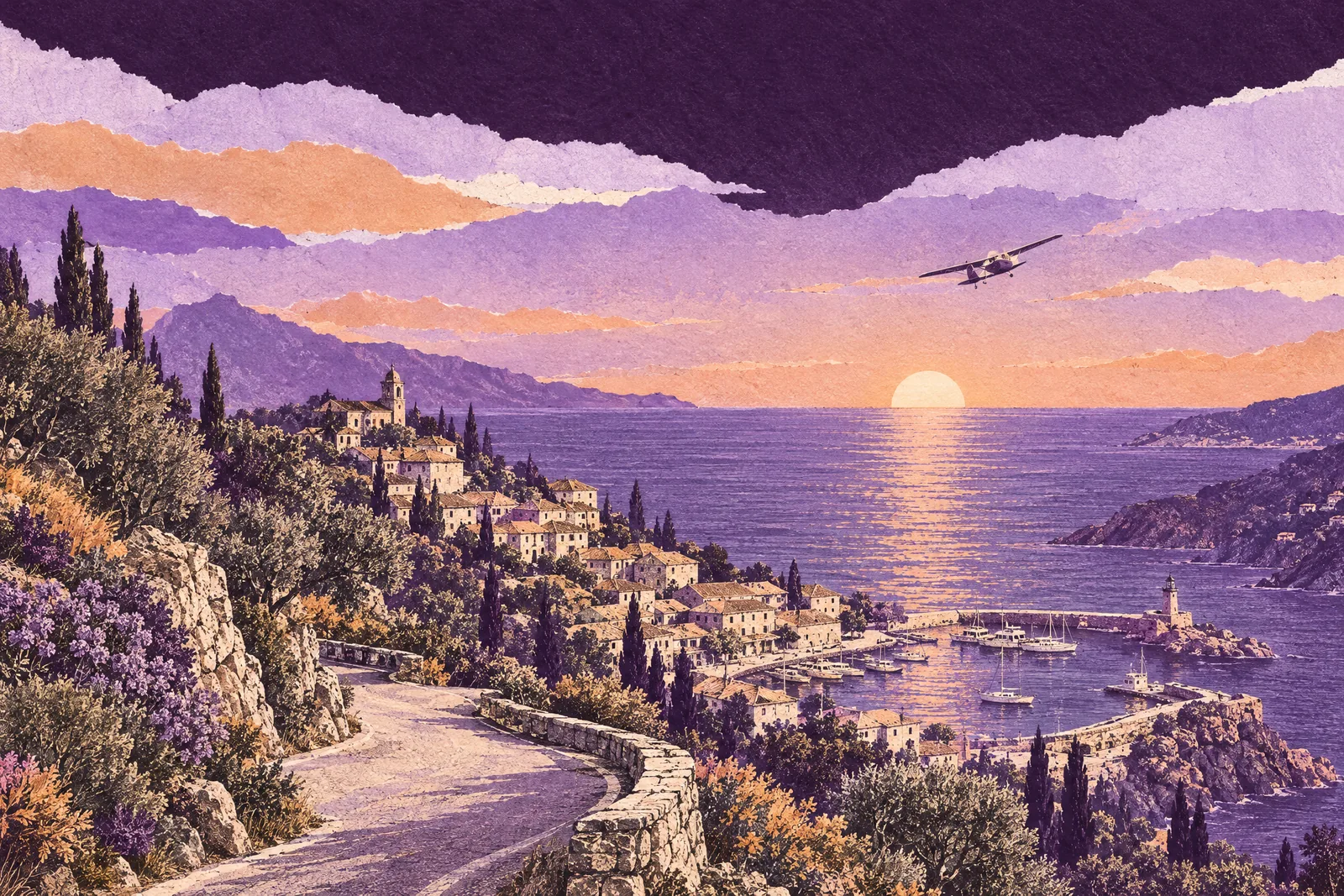 Illustration of a winding road down to a harbour town at dusk, a small plane climbing far out over the sea
