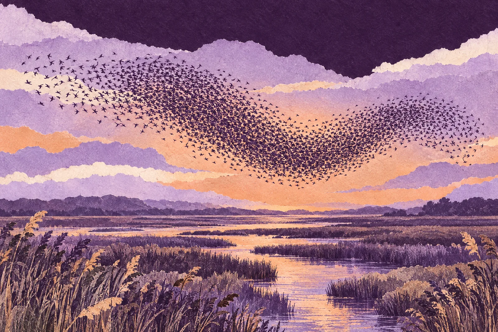 Illustration of a murmuration of starlings sweeping over a reed marsh at dusk