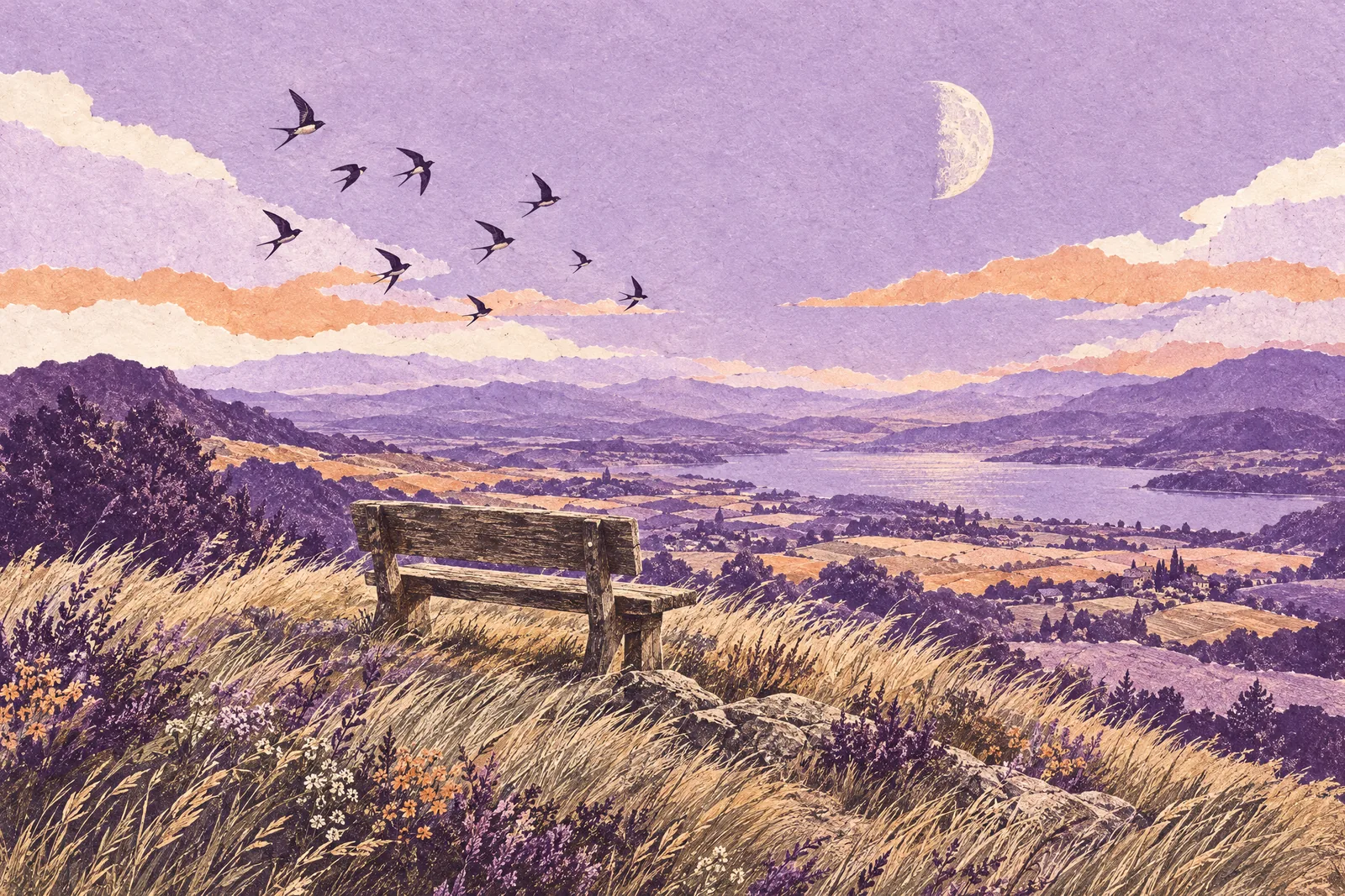 Illustration of an empty bench on a windy hilltop overlooking a wide valley, with a pale moon in the daytime sky