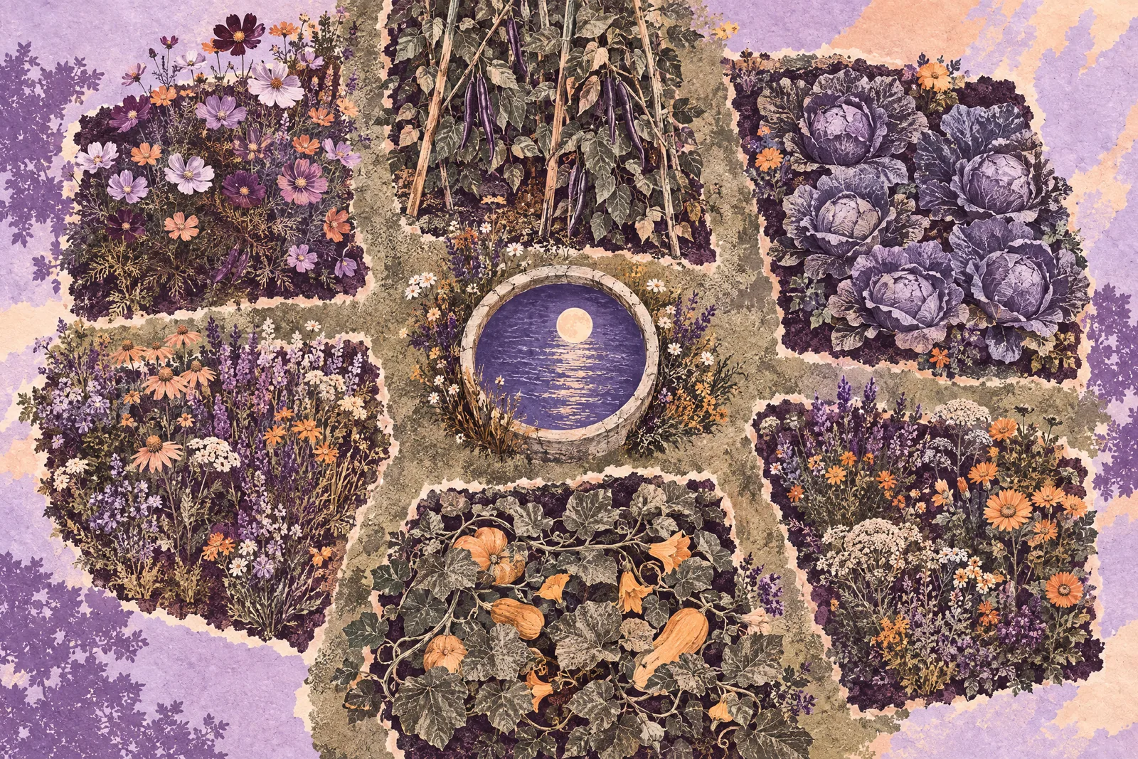 Illustration of a community garden seen from above, a patchwork of differently planted plots and a round water trough
