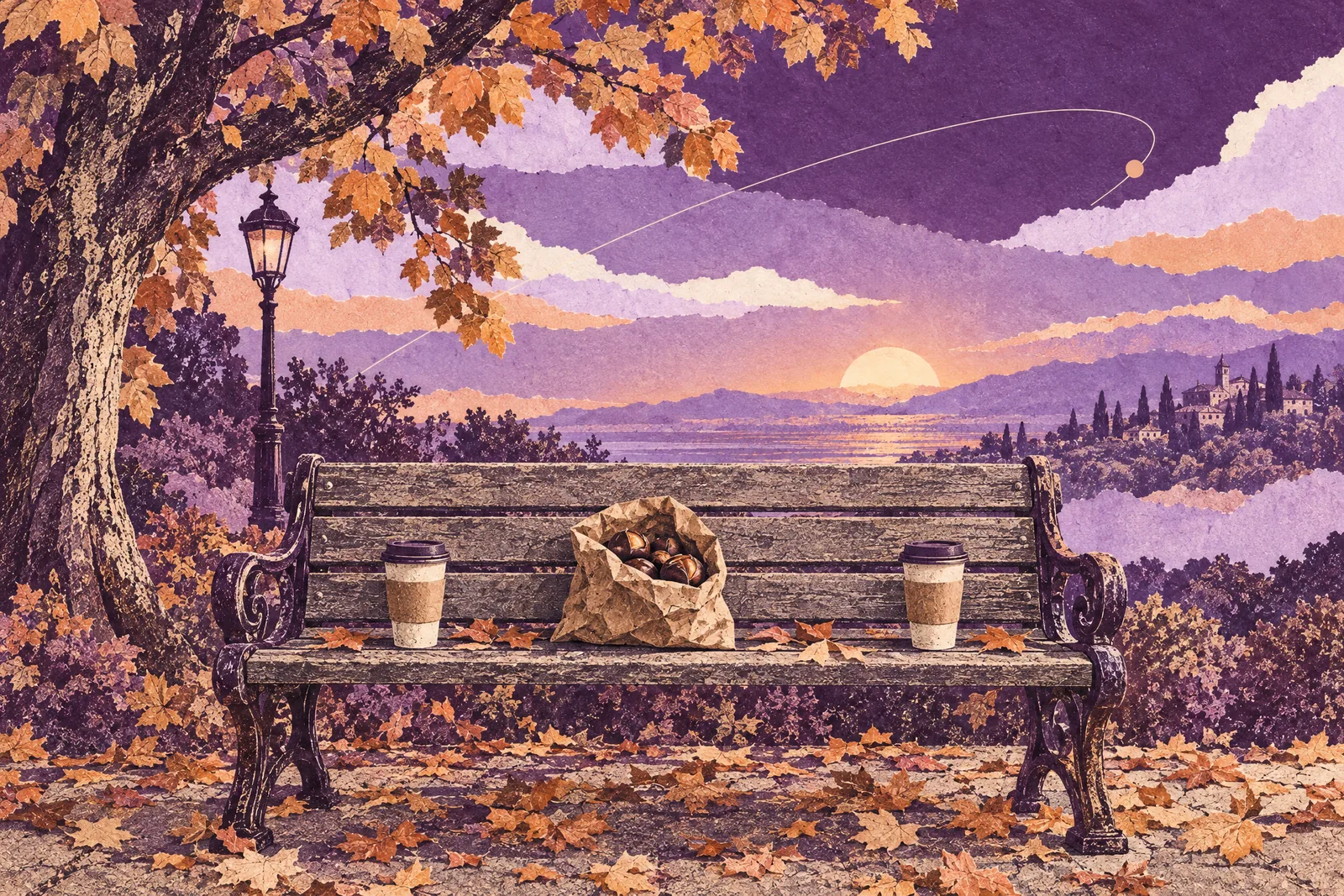 Illustration of a park bench in autumn with two coffee cups and a bag of chestnuts