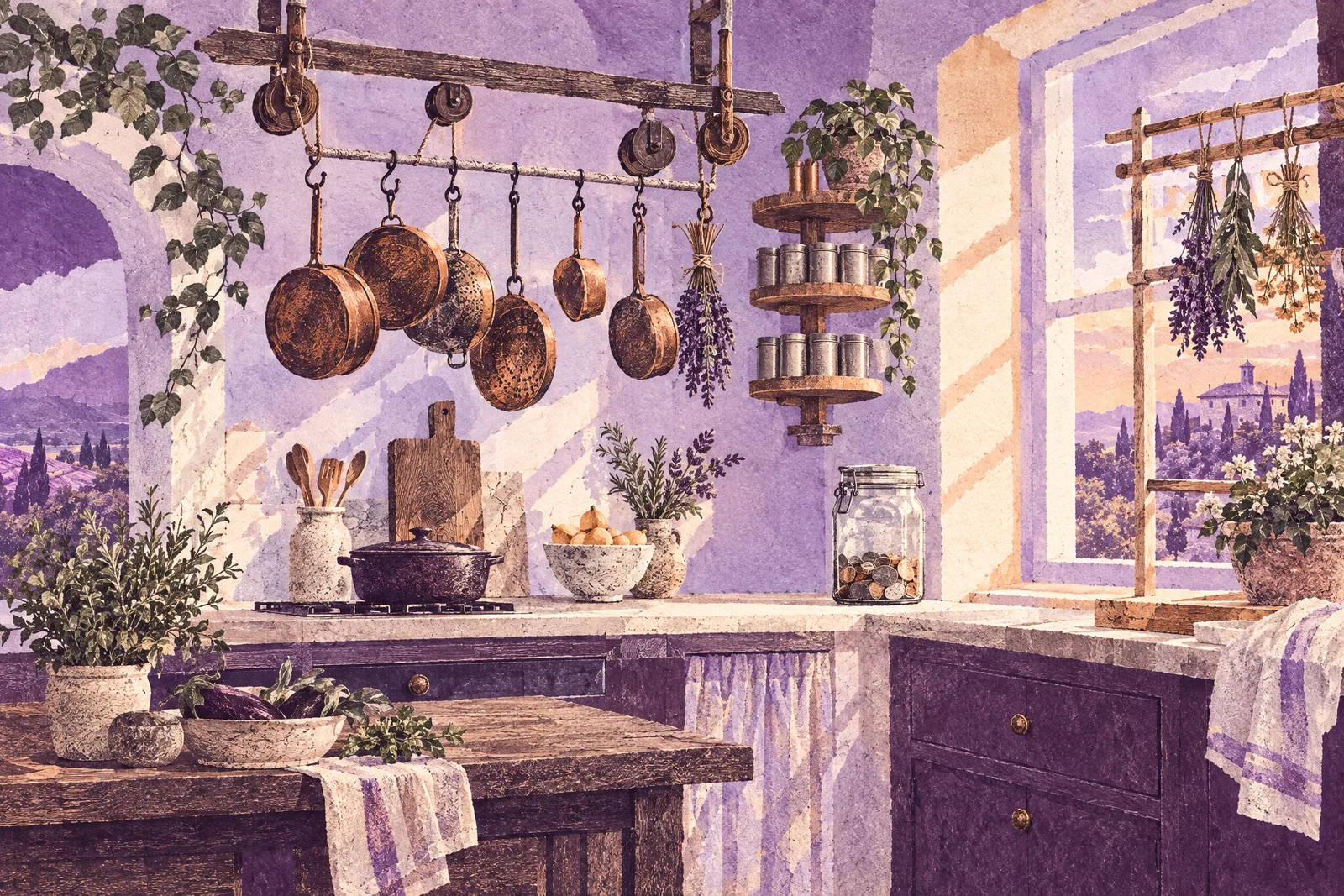 Illustration of a bright kitchen with pots on a pulley rail, a rotating spice shelf and a drying rack