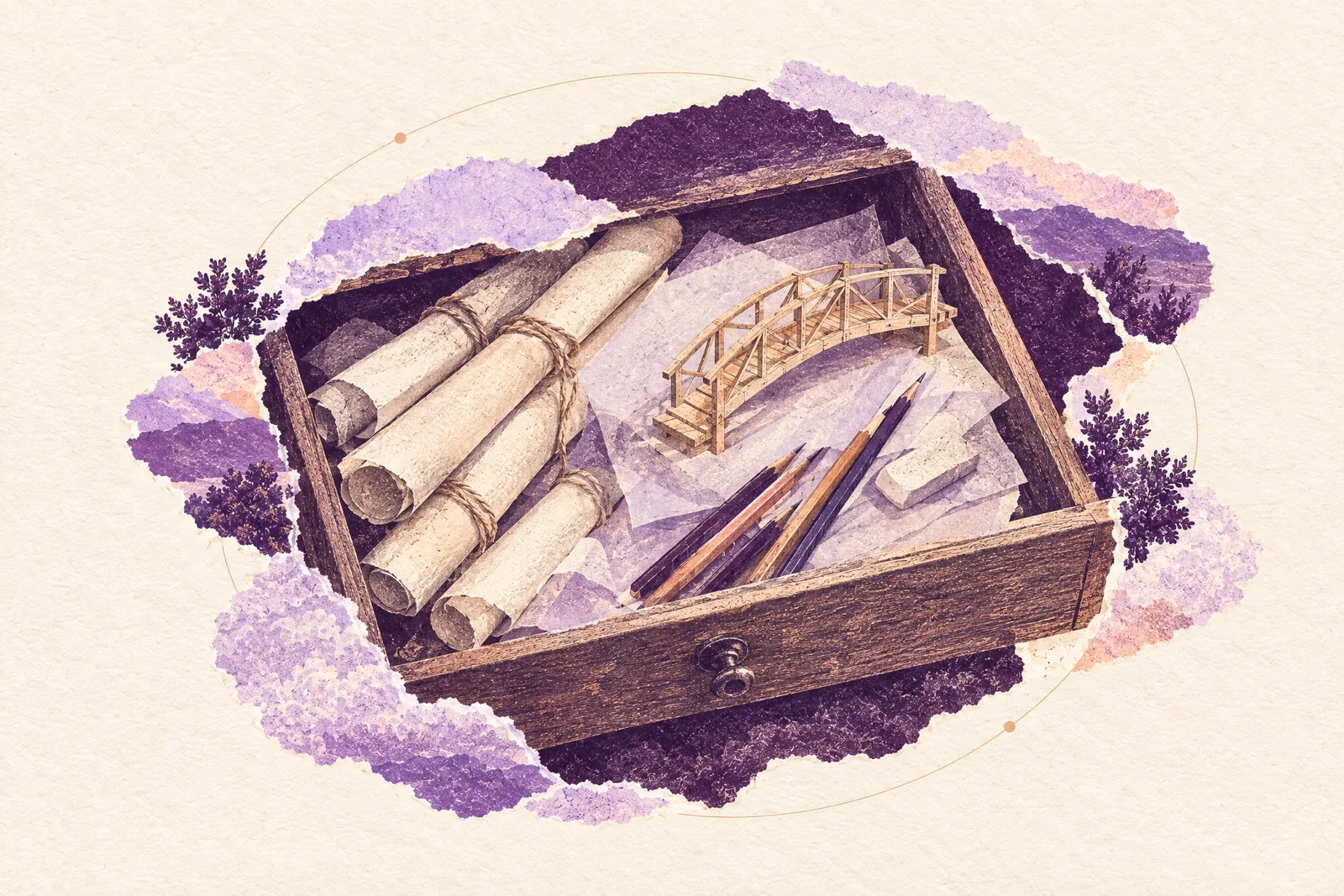 Illustration of an open drawer of rolled drafting papers, pencils and a small balsa-wood bridge model