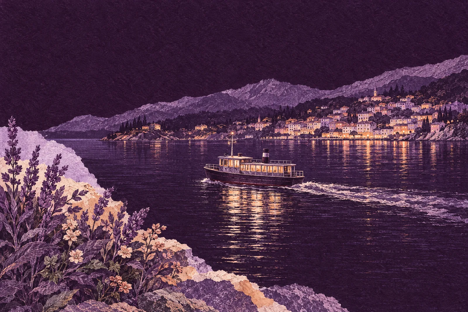 Illustration of a small ferry with lit windows crossing a dark harbor at night toward a lit town