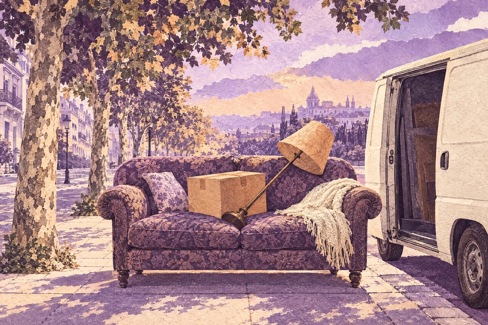 Illustration of an old sofa on a sunny pavement beside an open van, a moving box and a lamp on its cushions
