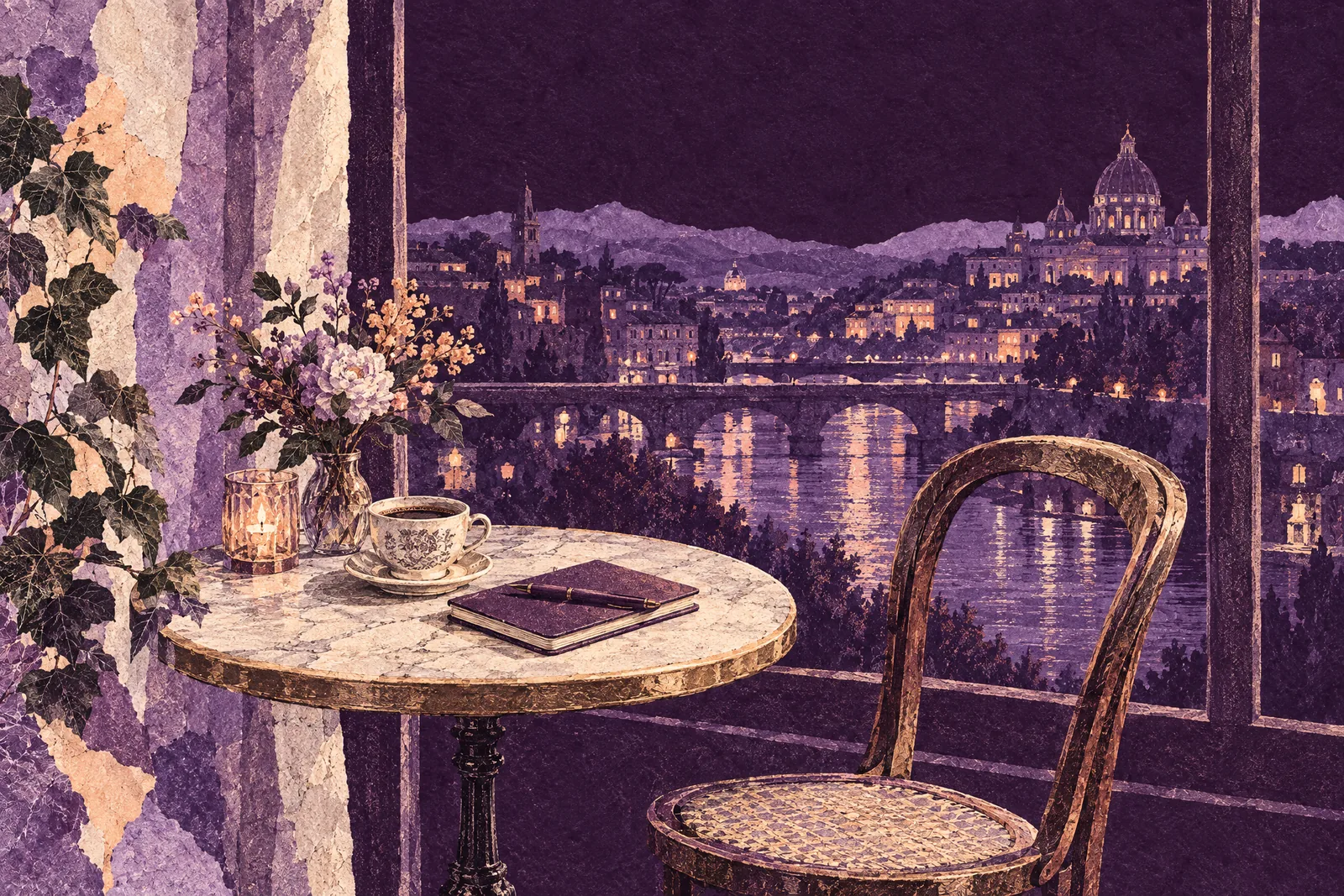 Illustration of a cafe table set for one by a window at night, with a coffee cup and a closed notebook