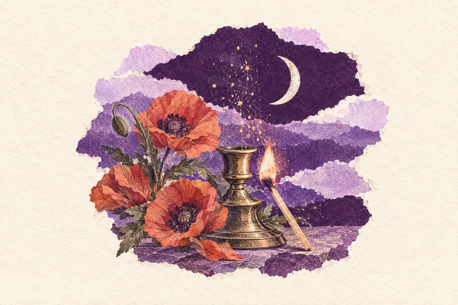 Illustration of a flaring match beside a brass candlestick and red poppies under a paper crescent moon.