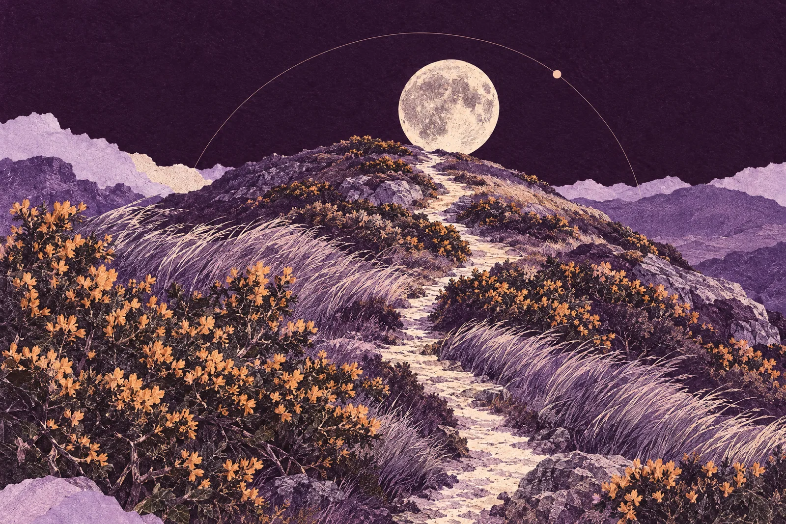 Illustration of a moonlit footpath climbing a windswept hill through gorse and long grass