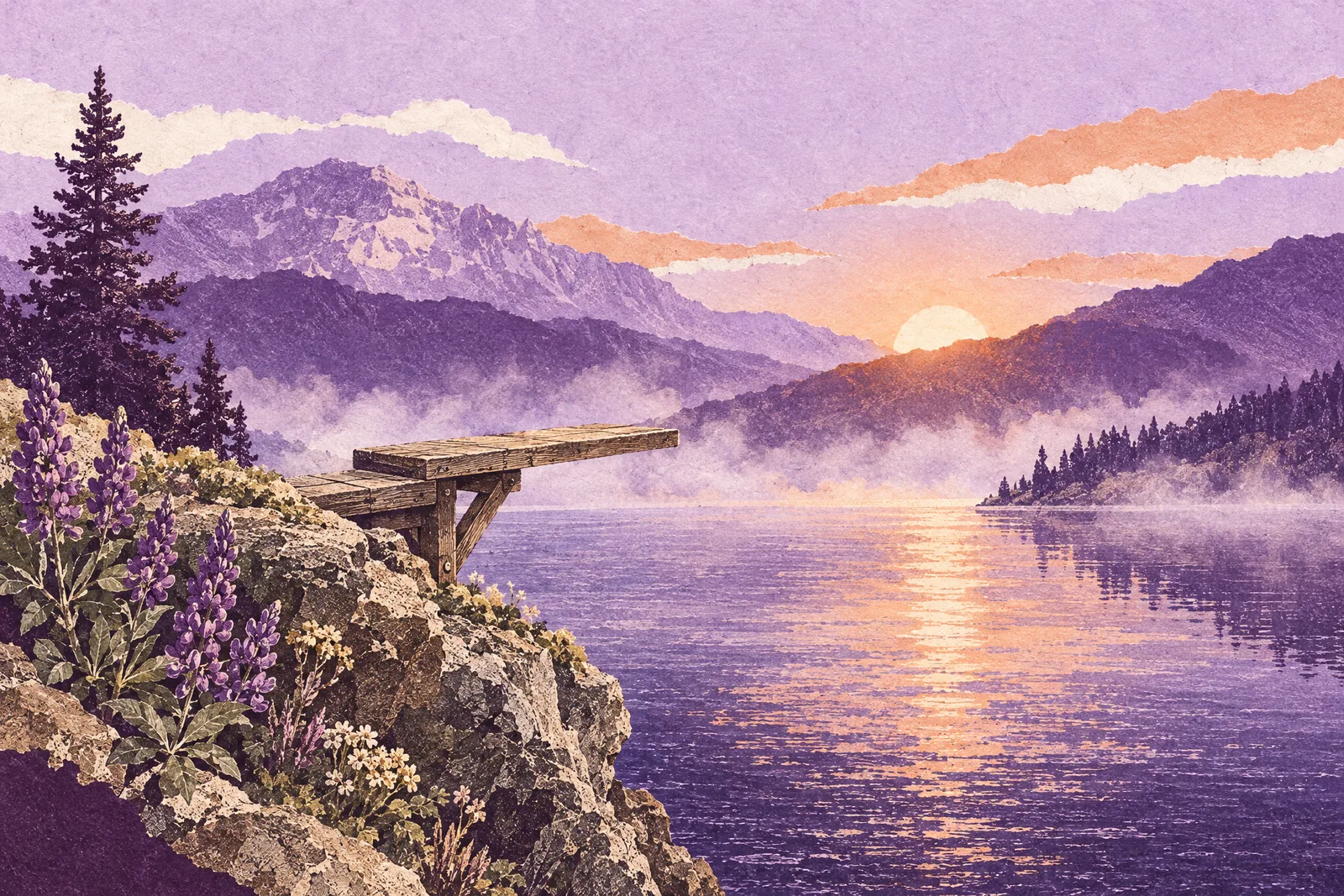 Illustration of a wooden diving platform on a rocky ledge over a misty mountain lake at sunrise