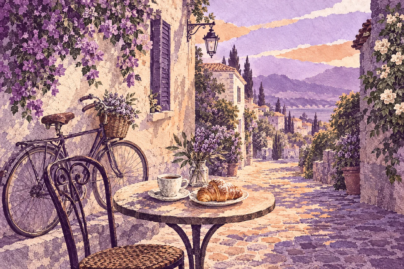 Illustration of a café table with an espresso and a pastry on a cobbled street corner, a bicycle nearby