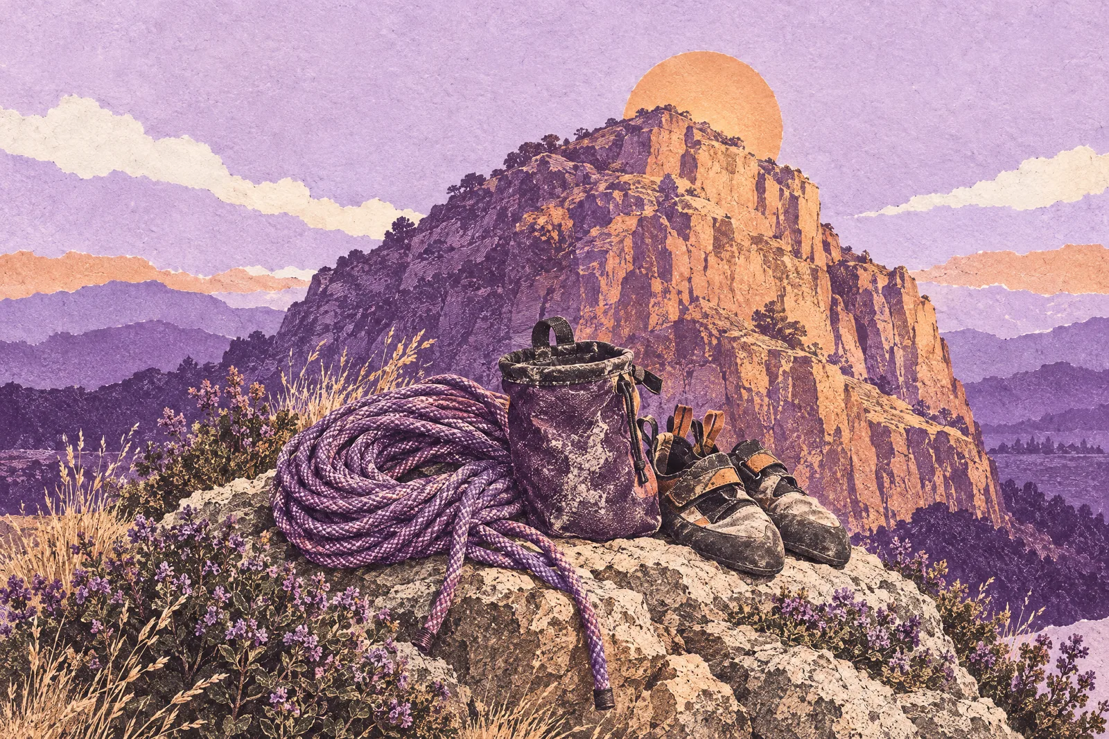Illustration of a climbing rope and chalk bag on a boulder below a steep crag, with the sun rising over its top