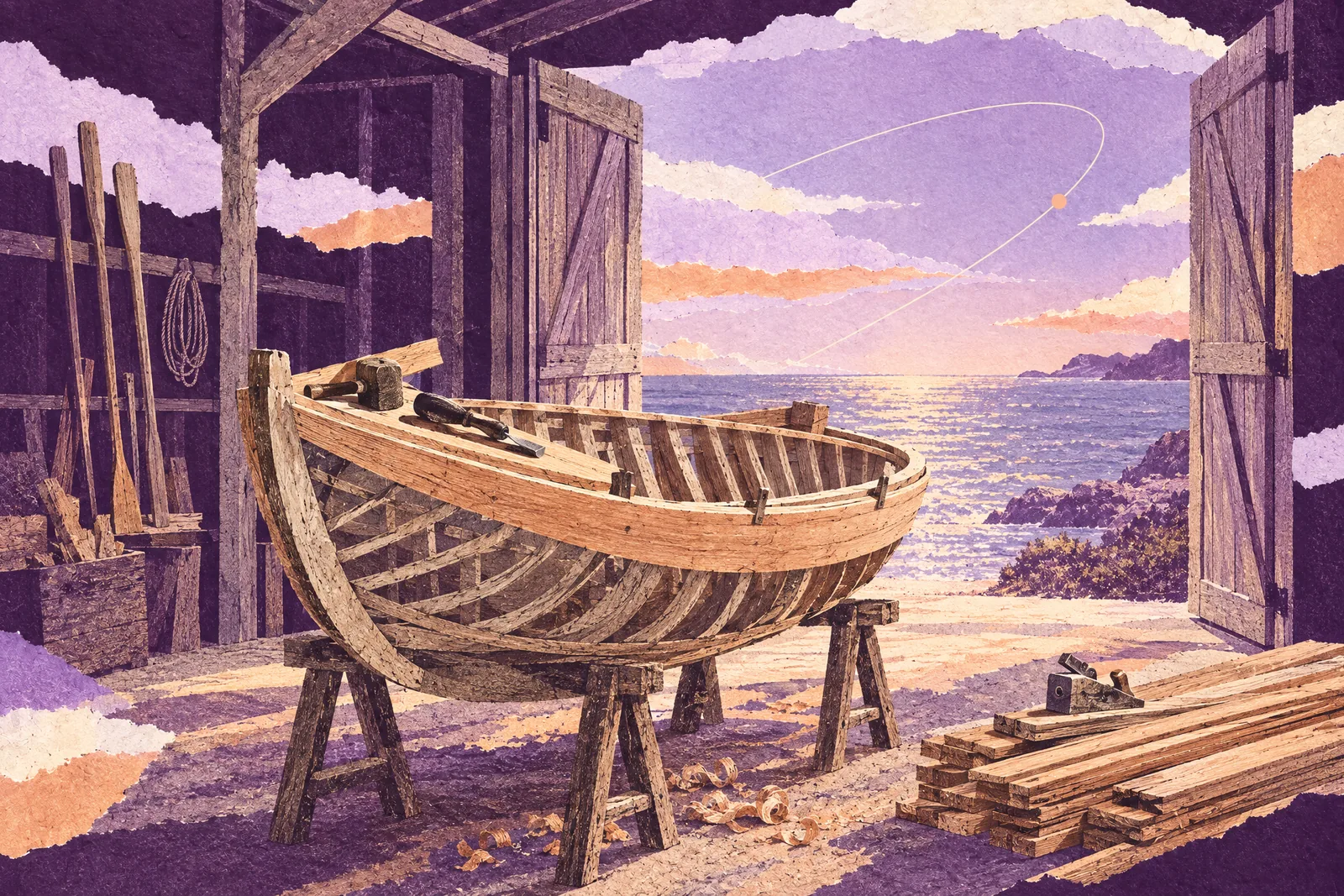 Illustration of a half-built wooden rowboat on sawhorses in an open boat shed facing the sea