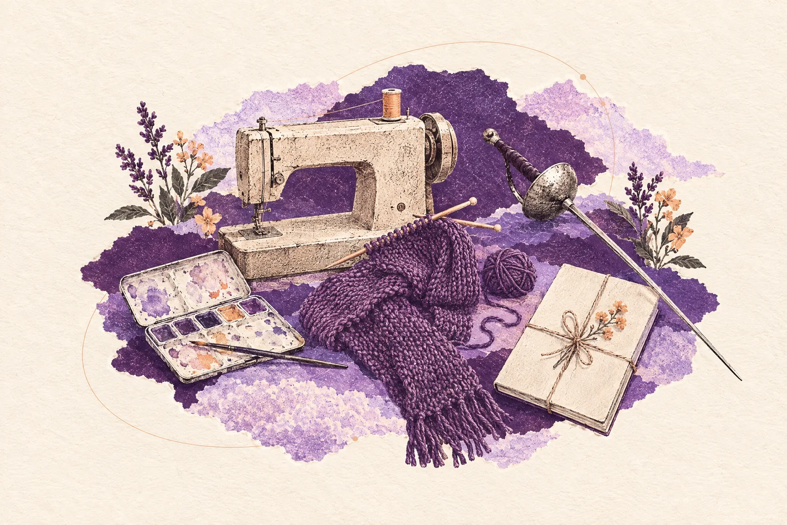 Illustration of a sewing machine, a watercolor tin, a fencing foil and a half-knitted scarf seen from above