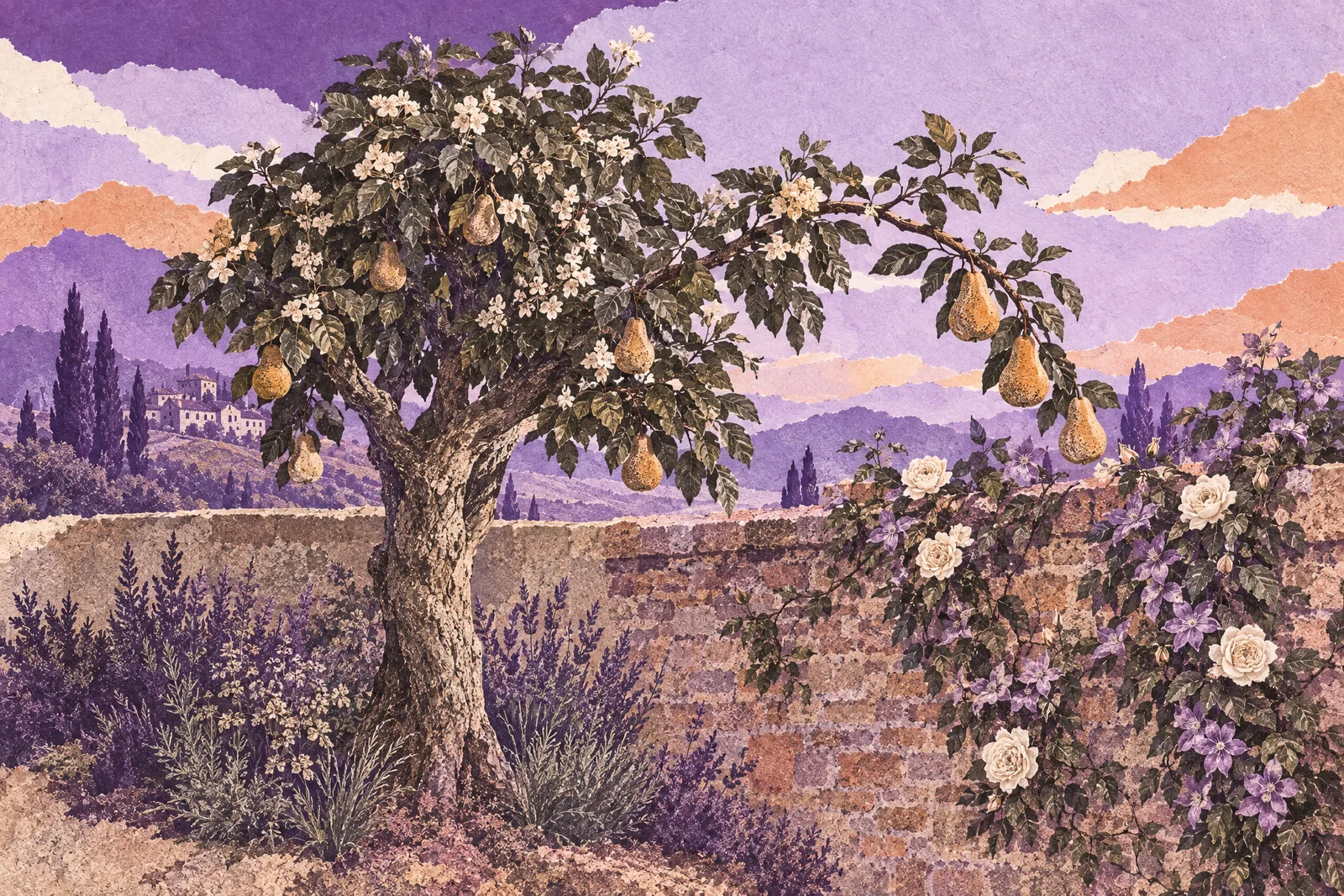 Illustration of a pear tree branch reaching over a brick wall into the neighbouring garden