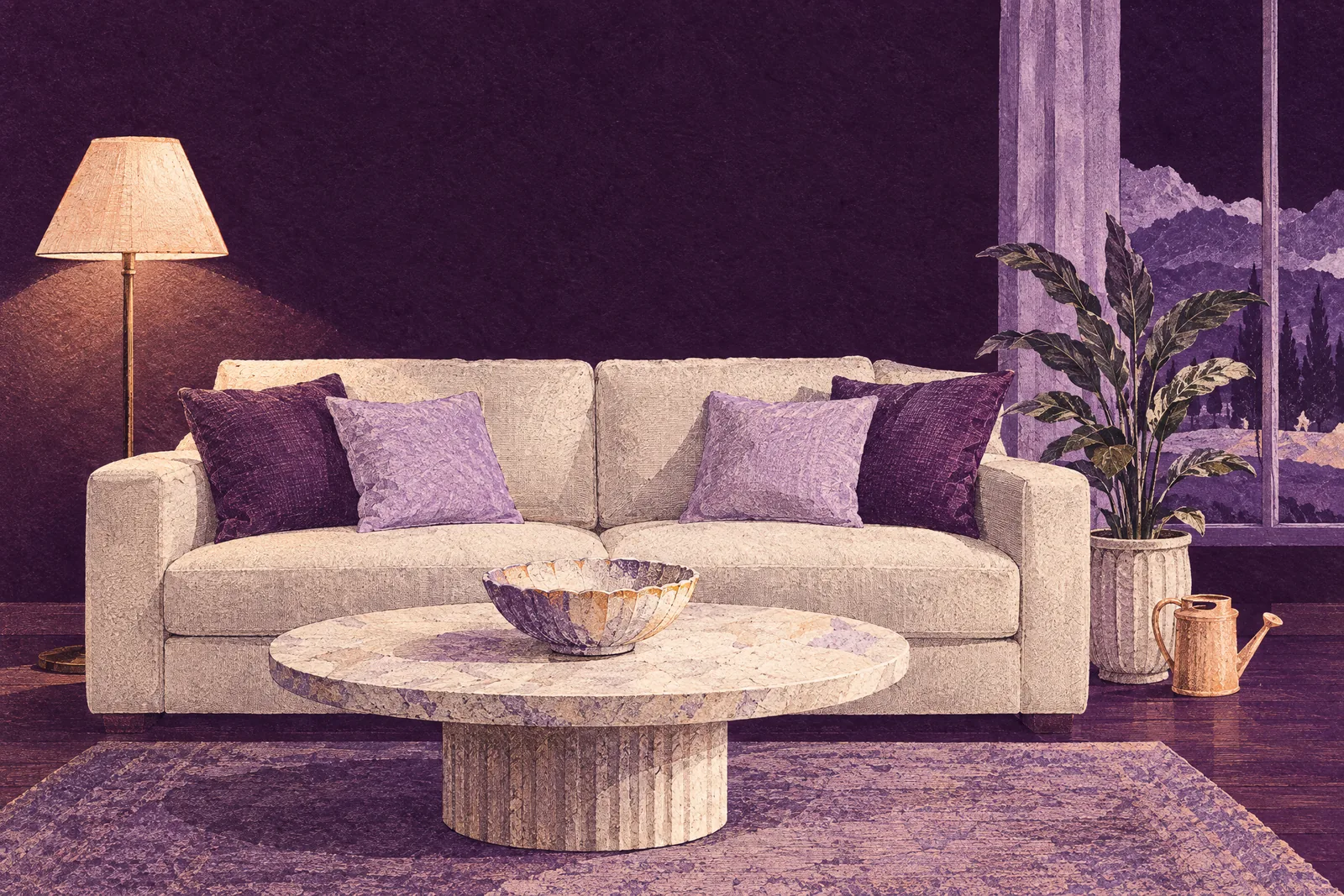 Illustration of a spotless, sparse living room at night with squared cushions, one potted plant and an empty fruit bowl
