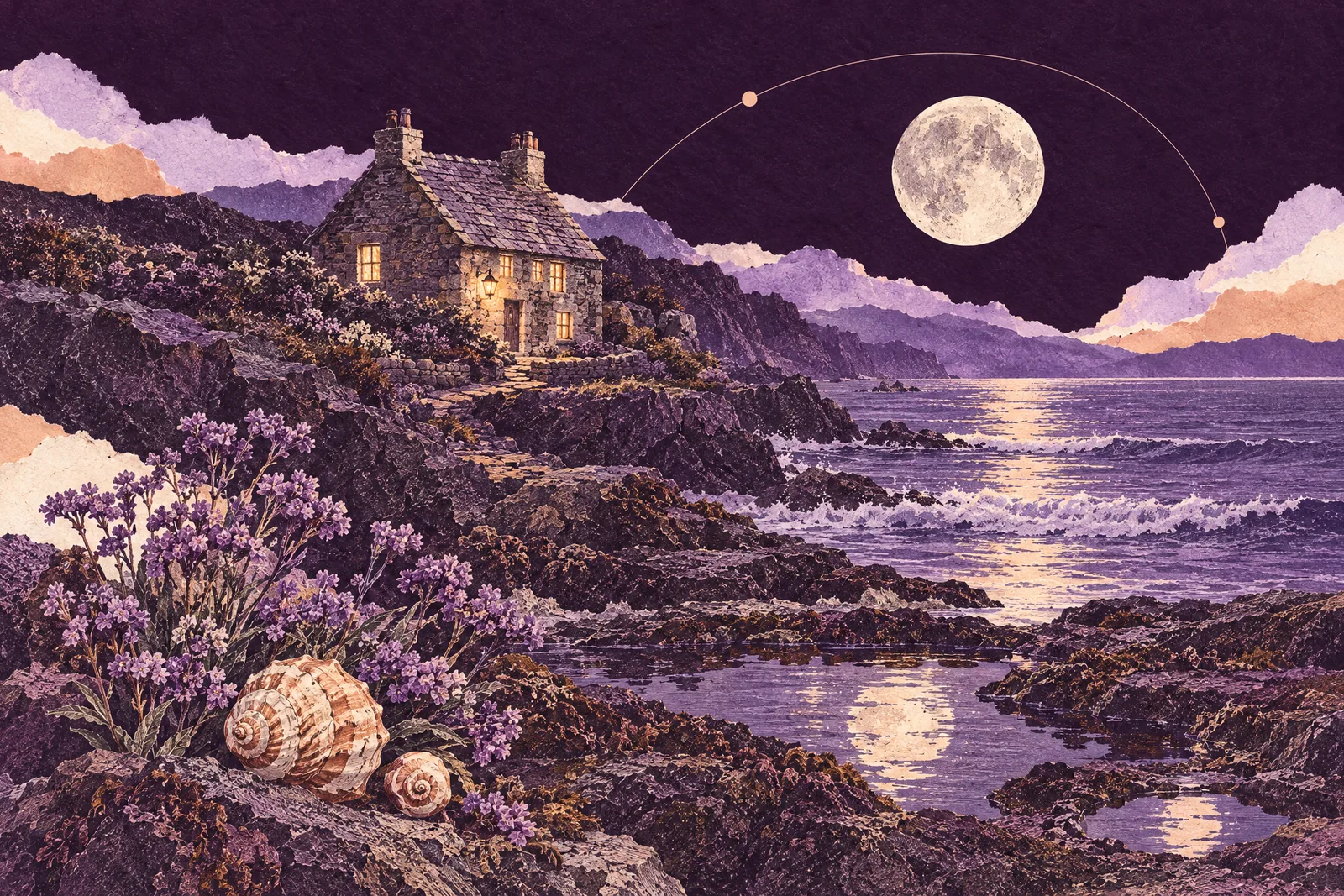 Illustration of a lamplit stone cottage above moonlit tide pools, with seashells and sea lavender.
