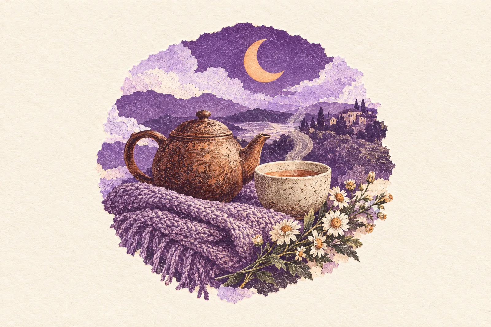 Illustration of a teapot, a steaming cup and a folded knitted blanket beneath a paper crescent moon