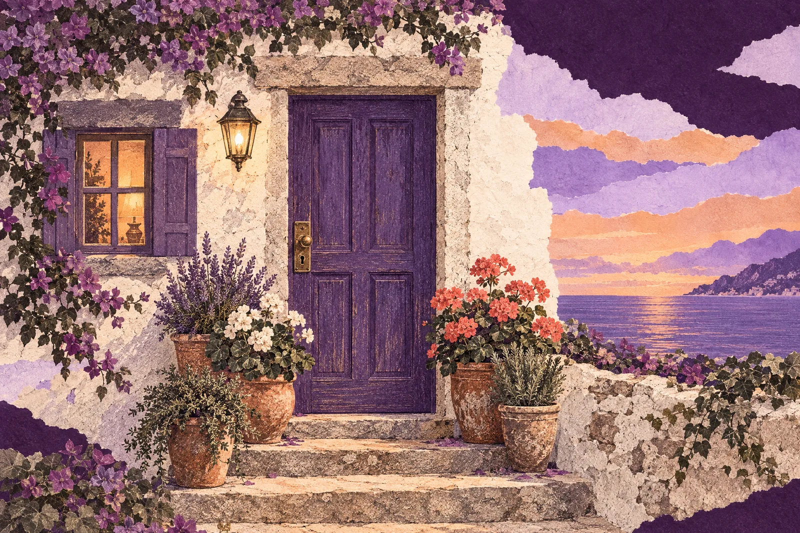 Illustration of a welcoming cottage front door with potted herbs and a lit window at dusk