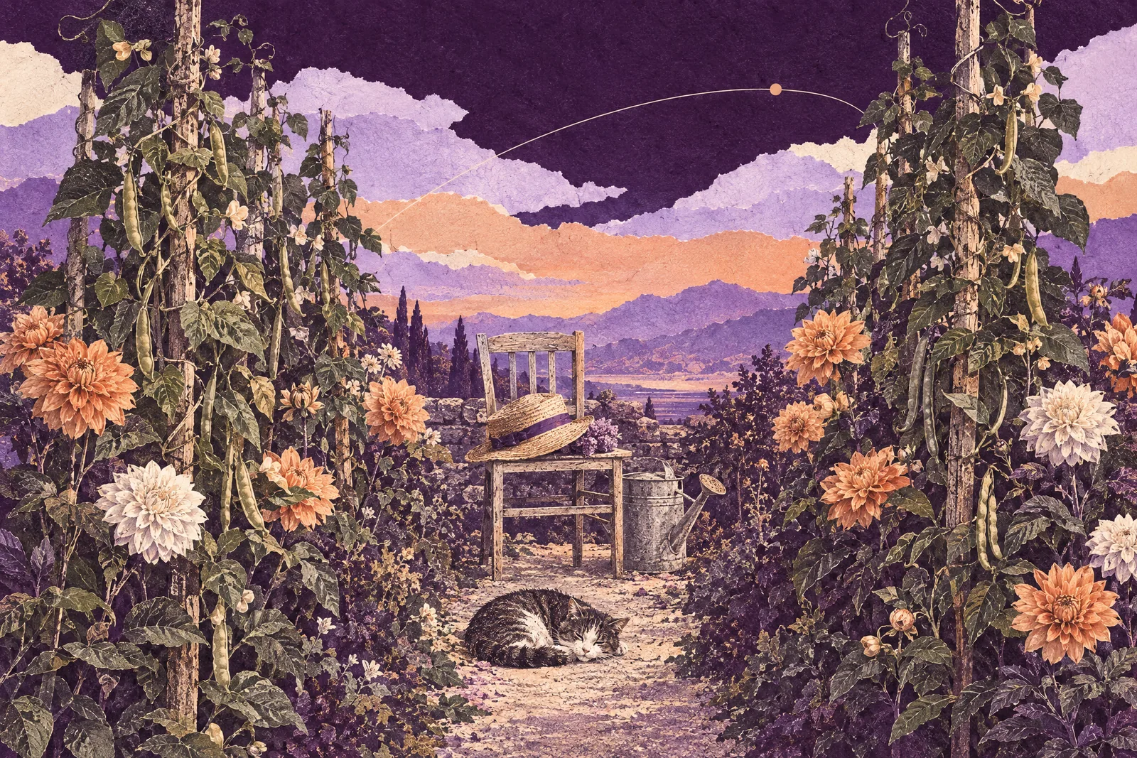 Illustration of a garden path between bean rows leading to a wooden chair with a straw hat