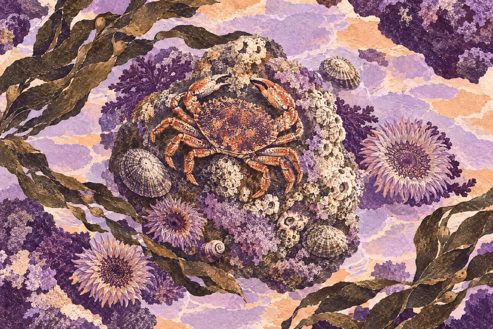 Illustration of a crab gripping a rock in a tide pool among shells and kelp, seen from above