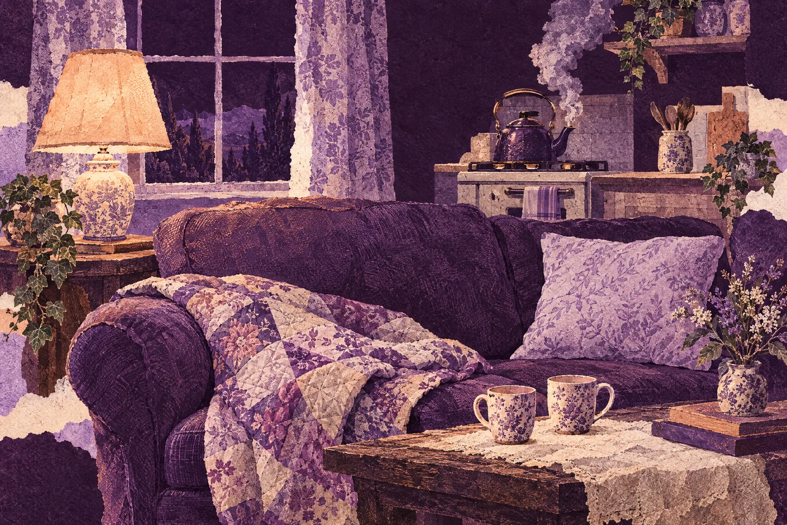 Illustration of a lamplit living room at night with a made-up couch, two mugs and a steaming kettle