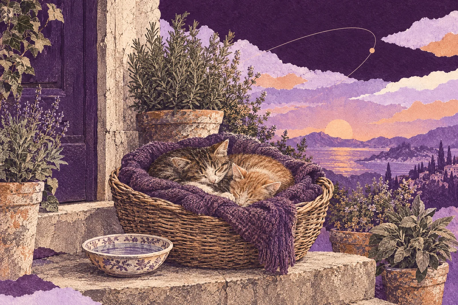 Illustration of stray cats asleep in a sweater-lined wicker basket on a back doorstep at dusk
