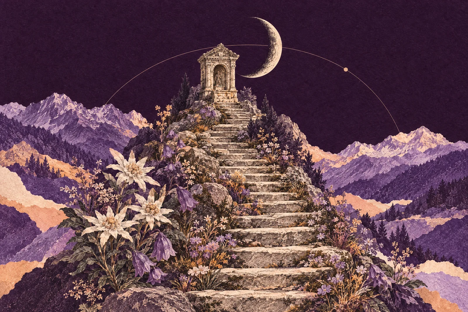 Illustration of a stone staircase climbing a mountain to a small shrine under a crescent moon.