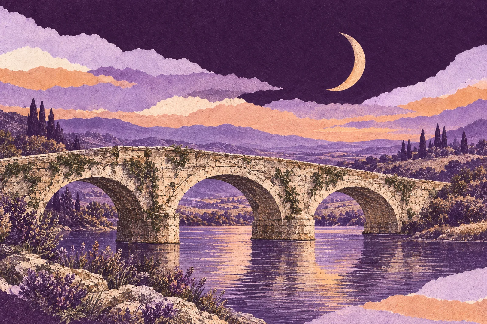 Illustration of a sturdy old stone bridge crossing a quiet river at dusk beneath a crescent moon