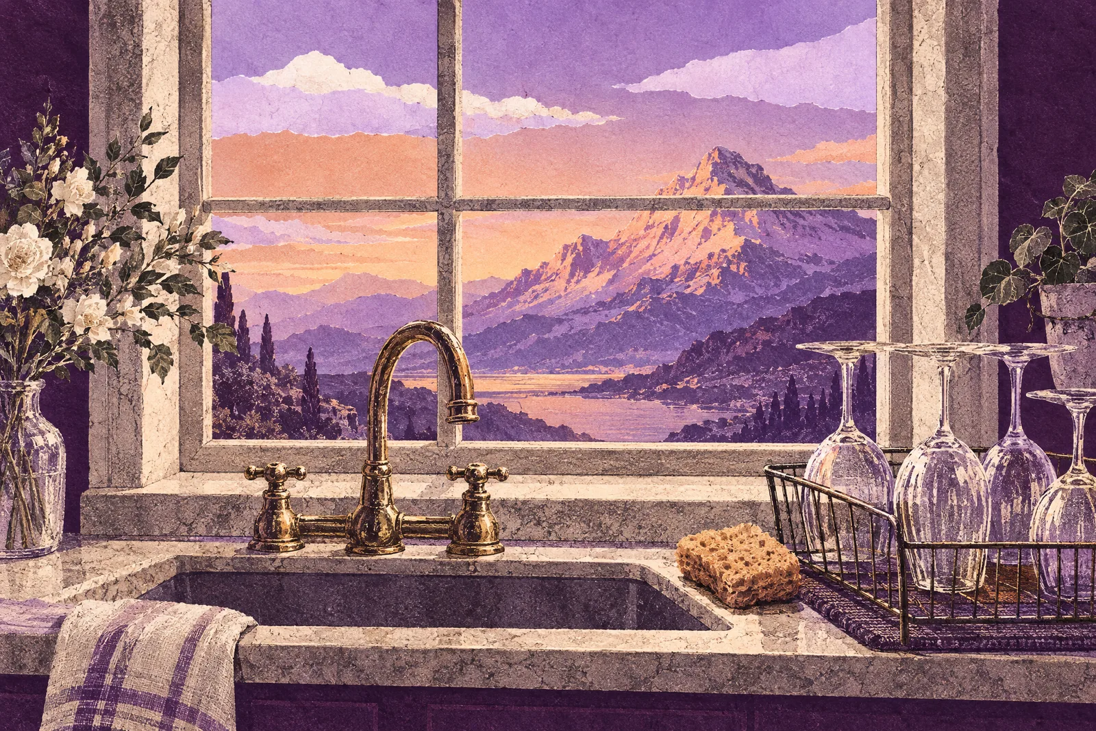 Illustration of wine glasses drying by a kitchen sink under a window with a mountain beyond