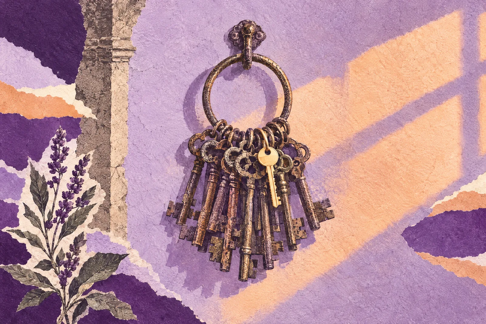 Illustration of a ring of old brass keys hanging from a hook on a sunlit wall