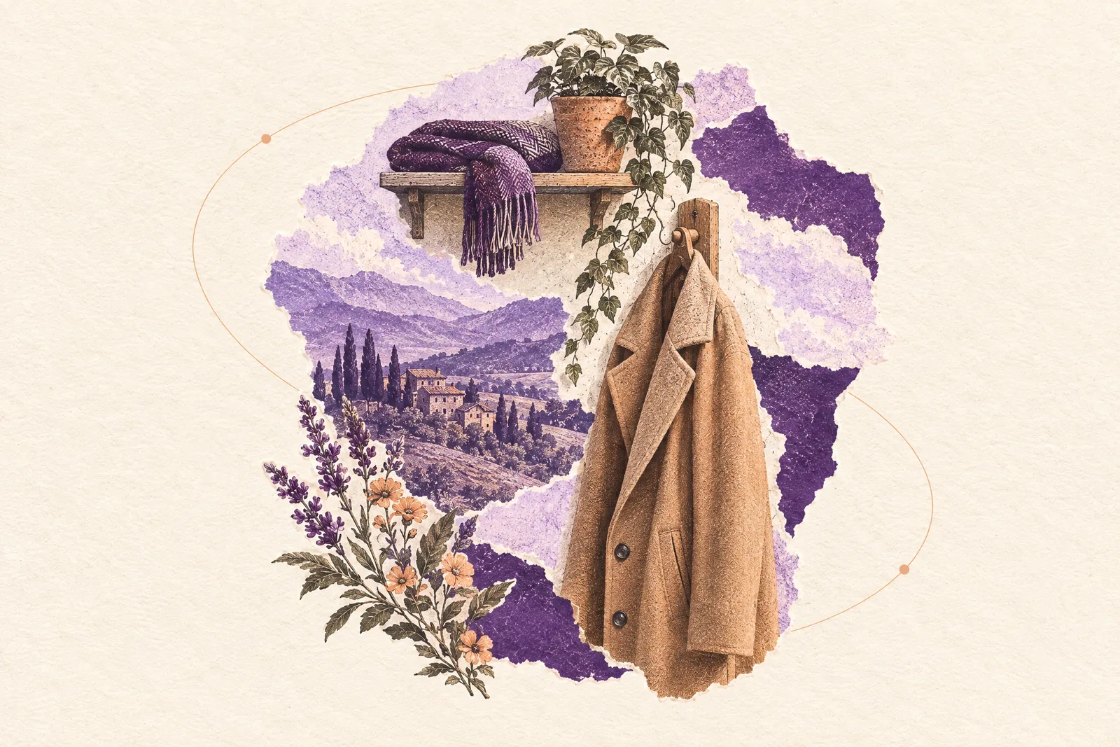 Illustration of a wool coat hanging on a peg in a tidy entryway with a folded scarf and a plant