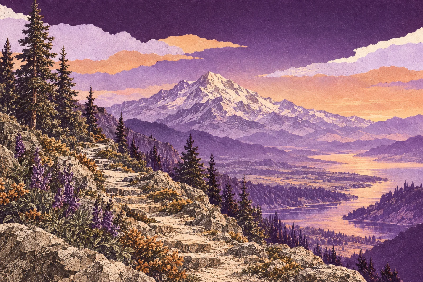 Illustration of a steep mountain path above the treeline with a snowy summit ahead and a valley below