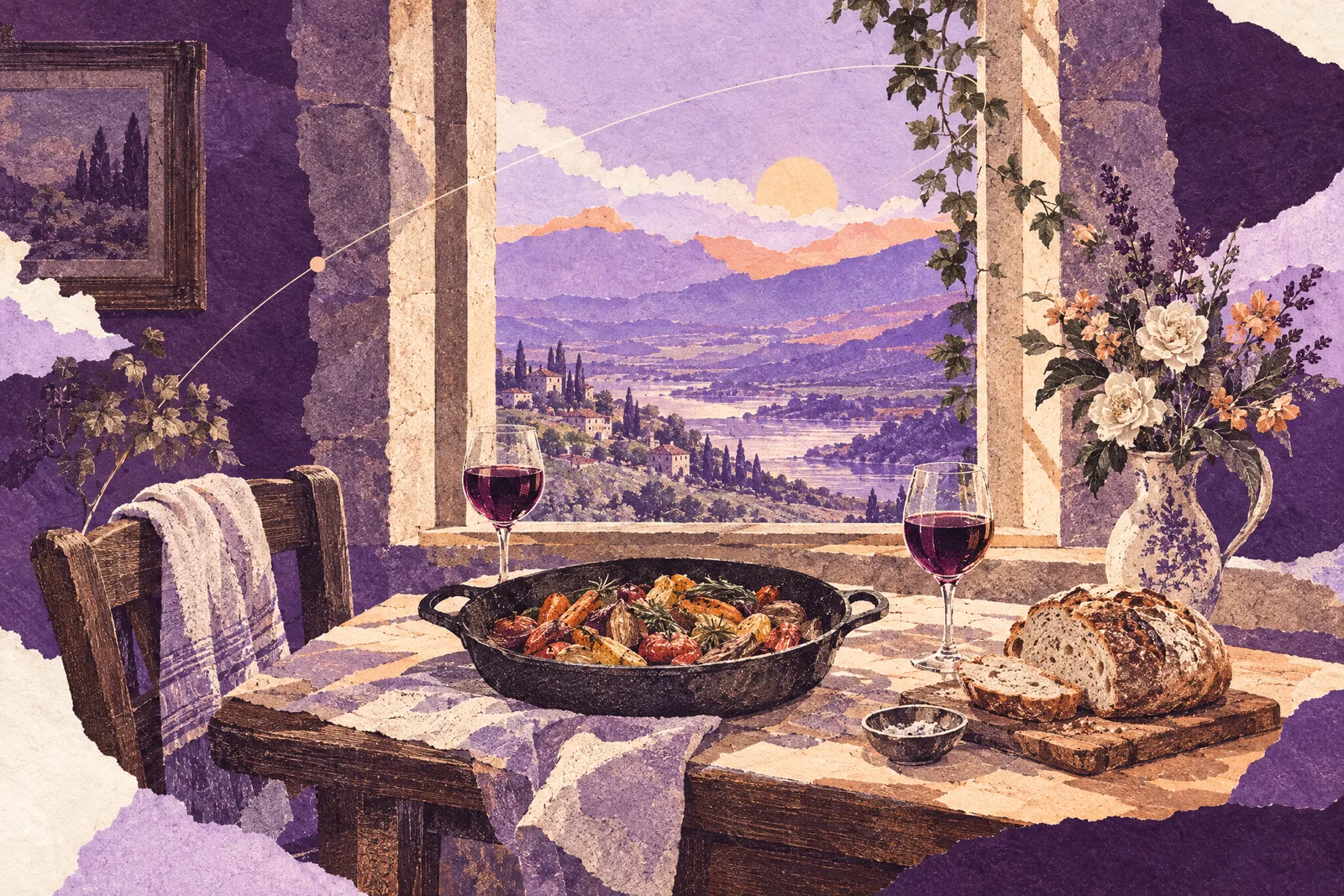 Illustration of a table set for a long lunch with a cast-iron pan by a window over a sunlit valley