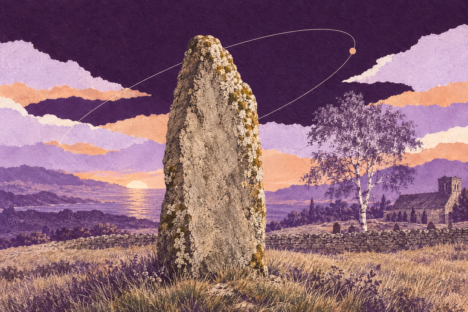 Illustration of a tall weathered standing stone in a grassy field at dusk, a birch tree in the distance.