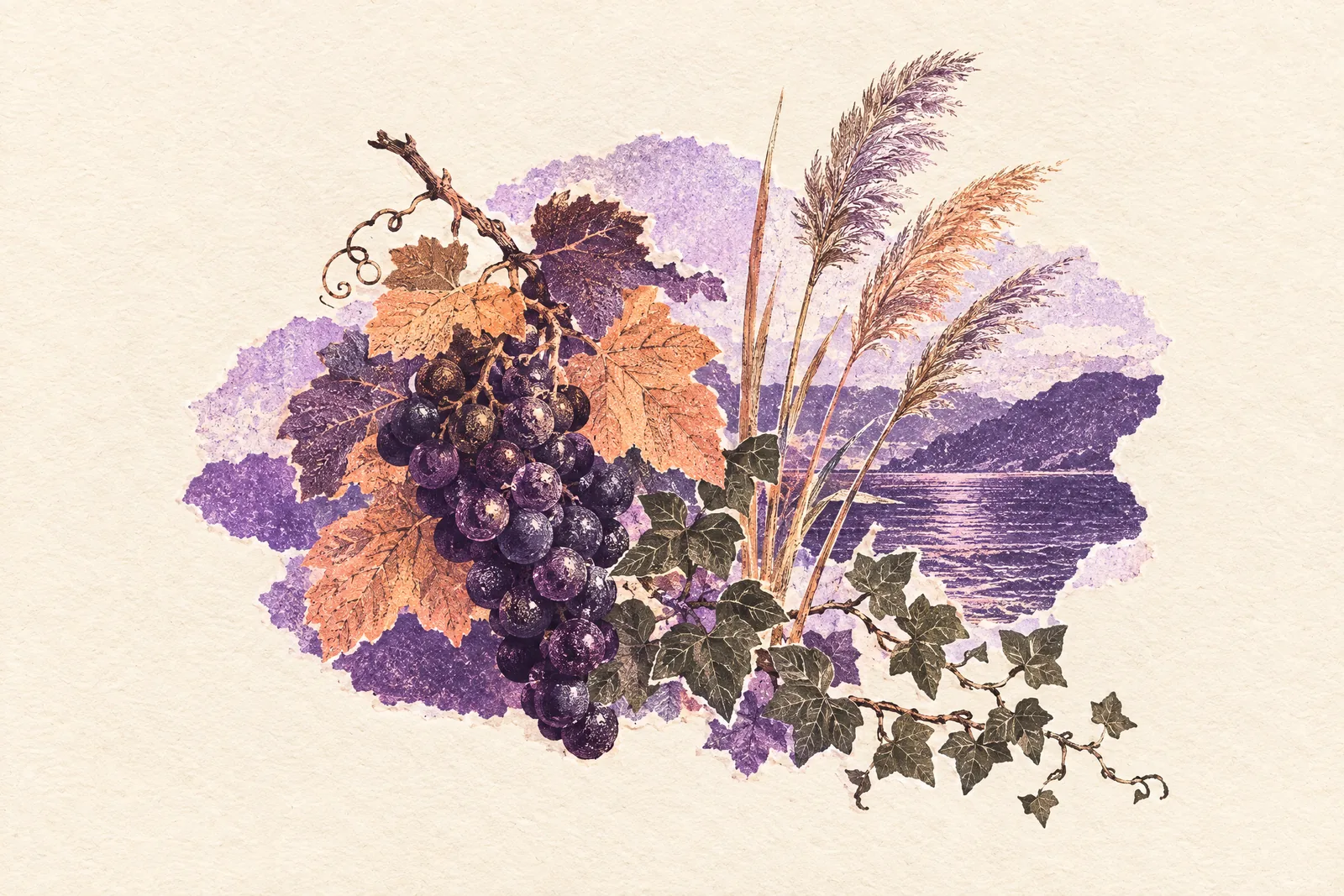Illustration of dark grapes on a vine cutting, a spray of ivy and tall reed stems on plain paper.