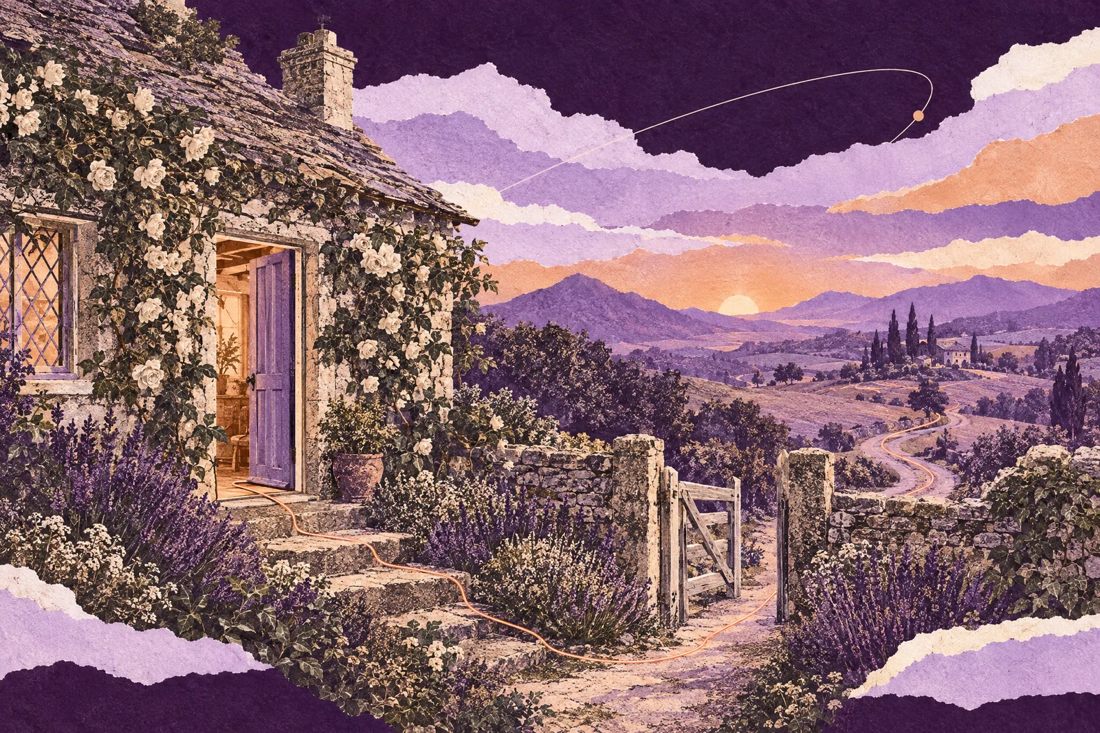 Illustration of an apricot thread running from a cottage doorstep down the path and along a lane into the hills