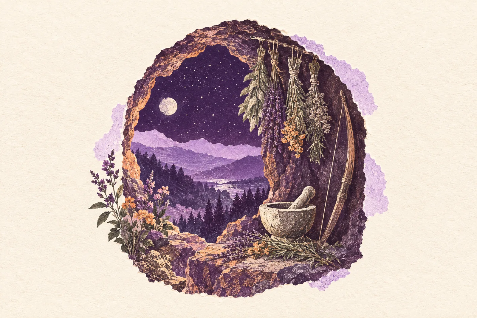 Illustration of a mountain cave mouth at night with drying herbs, a stone mortar and a bow, forest and stars beyond.