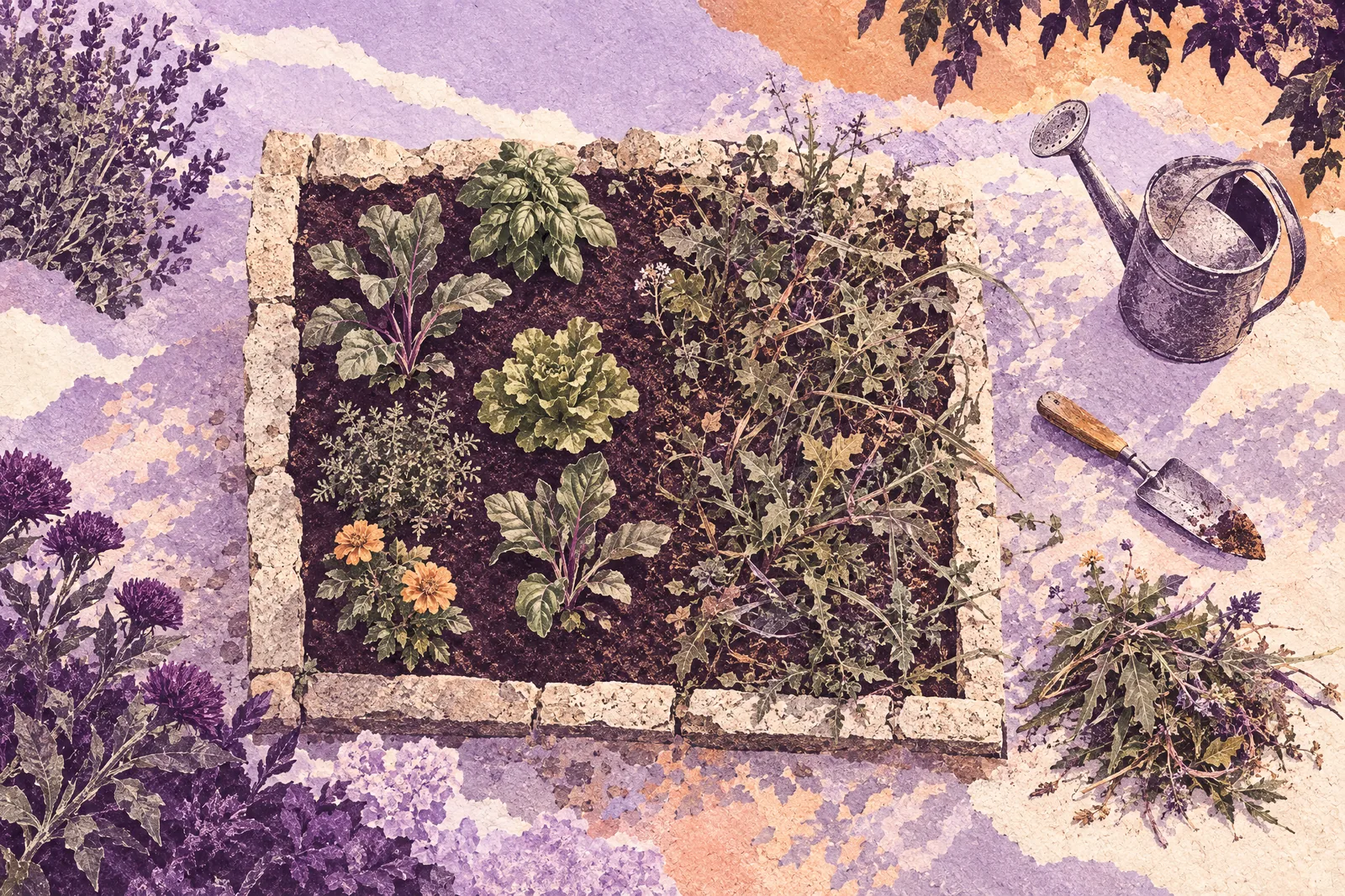 Illustration of a garden bed seen from above, half weeded, with a trowel, a watering can and a heap of pulled weeds.