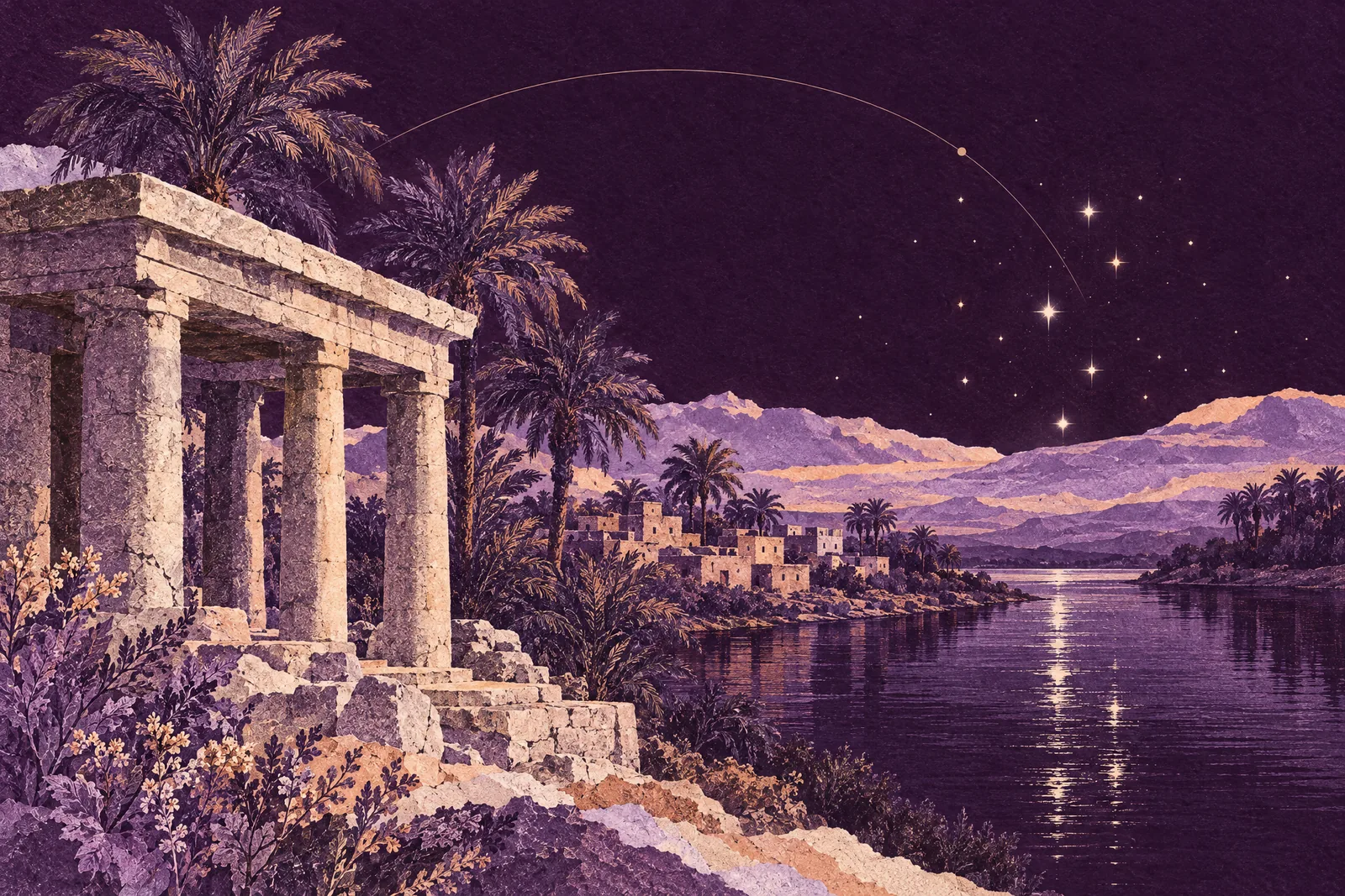 Illustration of stars rising over the desert beyond the Nile at night, with palms and an old temple roof
