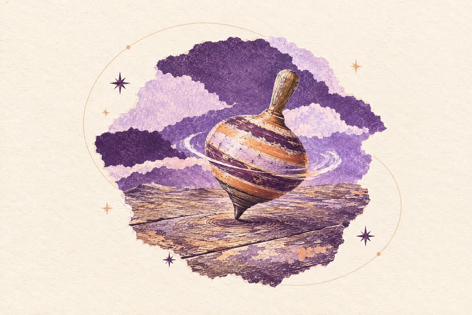 Illustration of a wooden spinning top turning at a slight tilt on a worn board